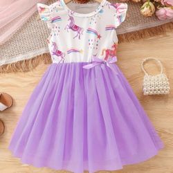 Cute Cartoon Unicorn & Rainbow Print Tulle Dress