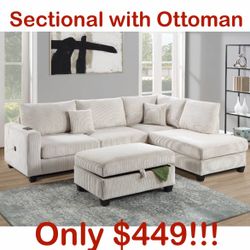 Ivory Corduroy Sectional With Storage Ottoman And Pillows Included Brand New In Box Firm Price $449 Assembly Required 