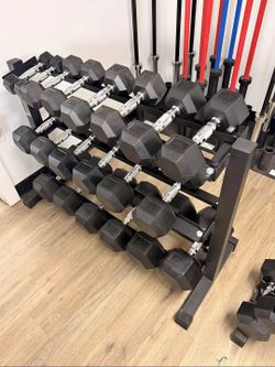 Rubber Hex Dumbbell Set with 3-Tier Rack