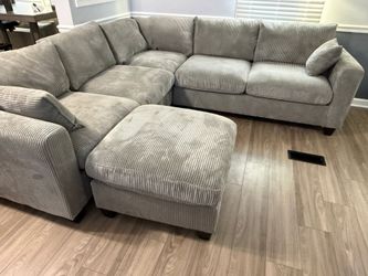 Fog Grey Corduroy Sectional and Ottoman *BRAND NEW IN-BOX*