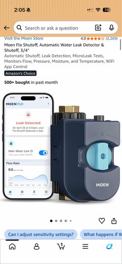 Moen Flo Shutoff, Automatic Water Leak Detector & Shutoff, 3/4" Automatic Shutoff, Leak Detection, MicroLeak Tests, Monitors Flow, Pressure, Moisture,