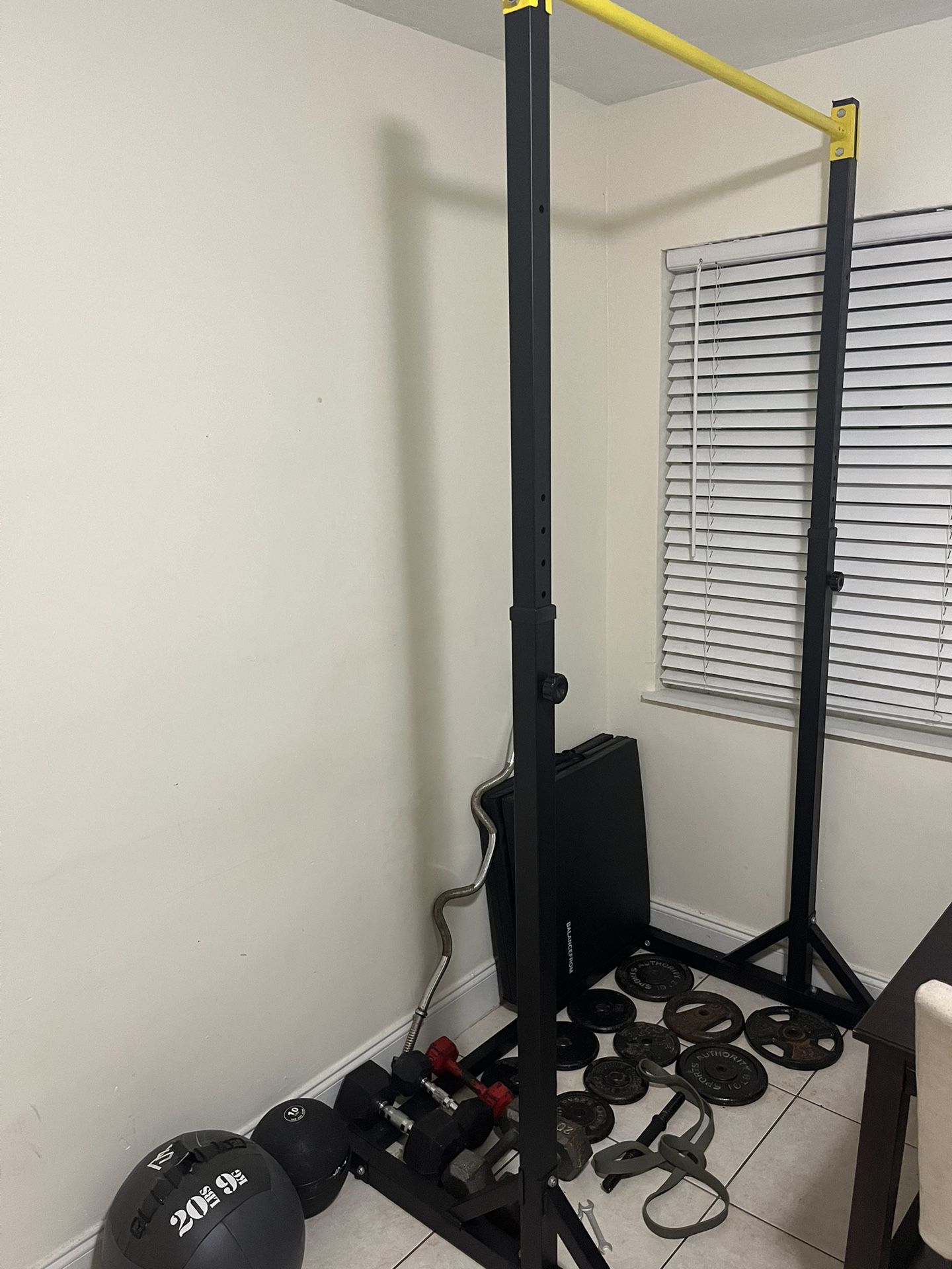 Pull Up Bar, Curl bar, Weights, Plates, Dumbbells 