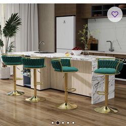 Set of 4 Green Velvet & Gold Bar Stools 