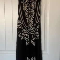 Bohemian Black Embroidered Midi Dress – Folk Floral Stitching, Knit Straps, Empire Waist W Built in Bra- Size Small