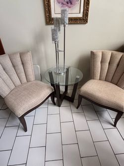 Set of 2 Channel Back Accent Chairs with Glass Table and Lamp