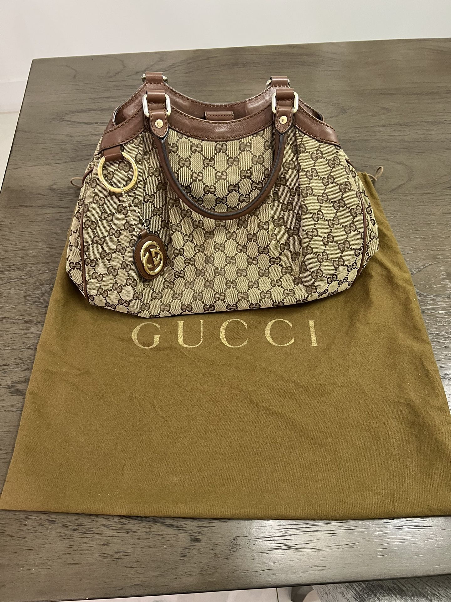 Vintage Gucci Sukey Brown GG Monogram Large Canvas Tote Bag Leather Handles