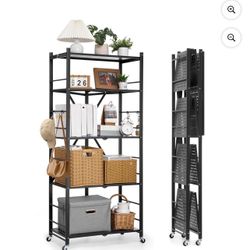 5-Tier Foldable Storage Shelf, 28W x 15D x 64H Inch Folding Metal Rack Shelving Unit, No Assembly Organizer Shelf with 5 Wheels & 4 Hooks for Pantry, 