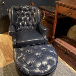 Hickory Furniture Leather Chair And Ottoman Blue Vintage