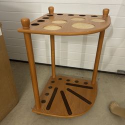 freestanding oak wooden corner pool cue rack stand for billiards sticks, ball, and cups
