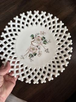 EAPG Challinor Taylor Milk Glass Lattice Edge 1880s  Victorian Vintage Dogwood Reticulated Plate