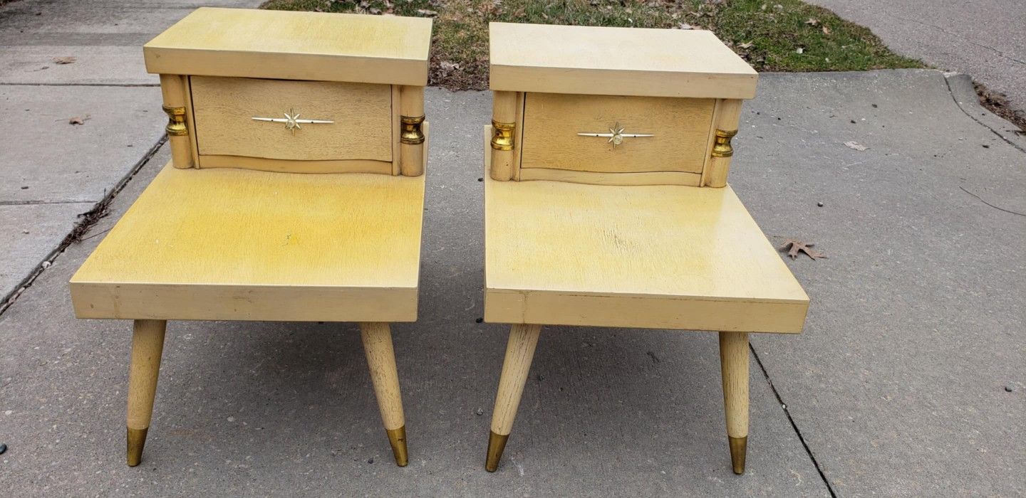Vintage Midcentury 1 Drawer End Tables - Blonde finish- Starburst Pulls - matching pair