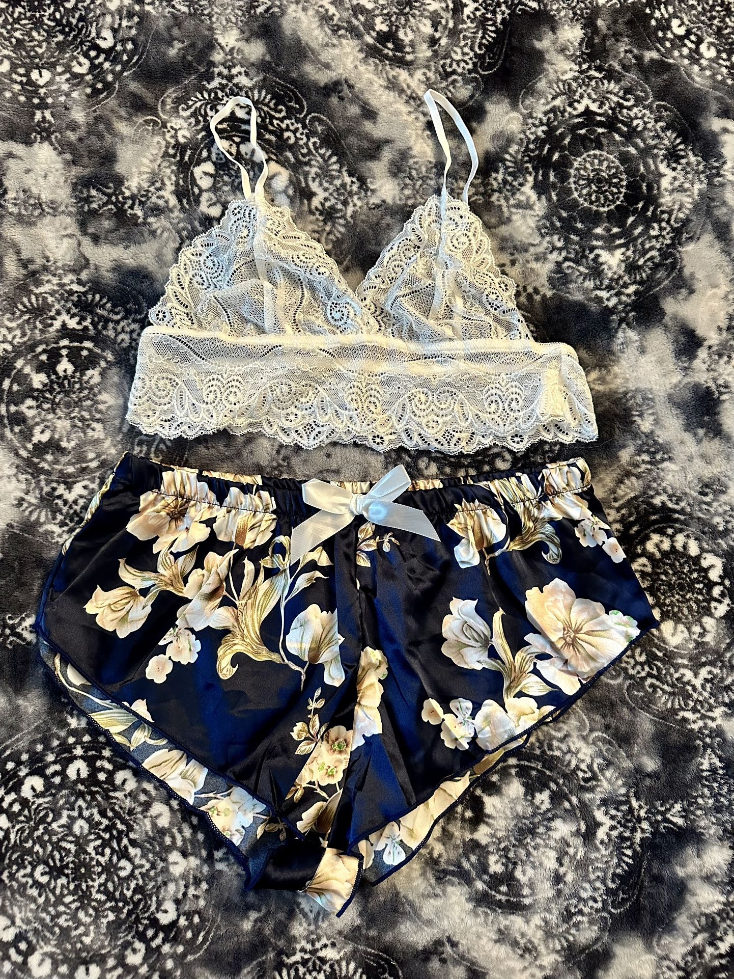 Lingerie Set- White Bralette And Blue Flower Satin Shorts