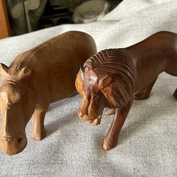 Hand Carved Wooden Lion and Hippo Figurines