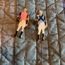 Vintage Lapel Pins Poised Jockey Pair Hat Pins Pink and Blue – 1980s