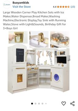 Large Wooden Corner Play Kitchen Sets with Ice Maker,Water Dispenser,Bread Maker,Washing Machine,Electronic Display,Toy Sink with Running Water,Stove 