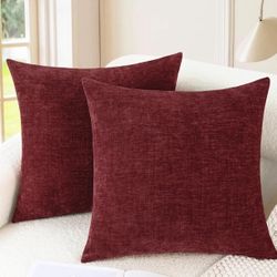 CaliTime Christmas Throw Pillow Covers Decorative 22 X 22 Inches Pack of 2 Cozy Chenille Cushion Cases for Couch Sofa Bed Living Room Home Burgundy In