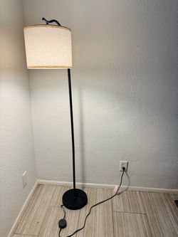 Modern Black Arc Floor Lamp with Linen Drum Shade & Foot Switch