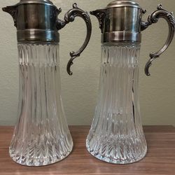 Vintage Crystal Pitchers With Silver-Plated Tops, Set Of 2