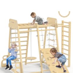 Indoor Playground 9-in-1 Jungle Gym Kids Climbing Toys, Montessori Philosophy Waldorf Style Wooden C