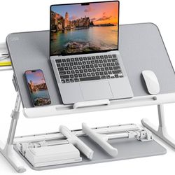 SAIJI Laptop Bed Tray Table, Adjustable PVC Leather Laptop Bed Table, Portable Standing Desk with Storage Drawer, Foldable Lap Tablet Table for Sofa C