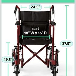 Medline Lightweight Foldable Transport Wheelchair with Handbrakes and 12-Inch Wheels, Red Frame, Black Upholstery