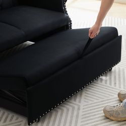 Artemax 55'' Modern Shiny Velvet Convertible Loveseat Sleeper Sofa Couch w/ 2 Lumbar Pillows, Adjustable Pull-Out Bed and Removable Armrest for Nurser