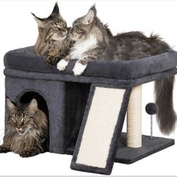 XL Cat Tree Tower for Large Adult Cats 20 lbs+, 25in Perch Bed, Condo Cave for Indoor Medium Kittens, 2 Scratchers, Extra Large Platform