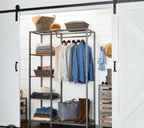 New Better Homes & Gardens Farmhouse Gray Wood and Metal Garment Clothes Rack, Size: 44W*20D*68H inch