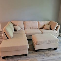New! Sand Fabric Reversible Sectional and Ottoman