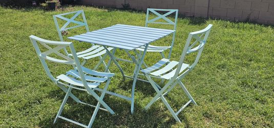 **5-Piece Light Blue Metal Folding Bistro Set**