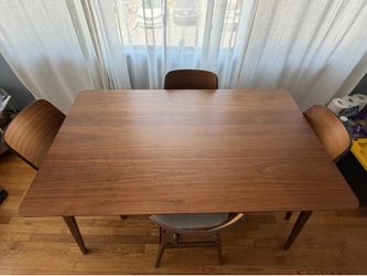 Mid-Century Modern Wood Dining Table with 4 Upholstered Chairs