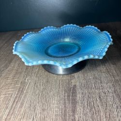 Model Flint Ribbed Spiral Blue Opalescent Round Bowl Crimped Rim 9”