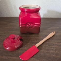Collectible Le Creuset Cerise Red Berry Jam Jar with Spatula