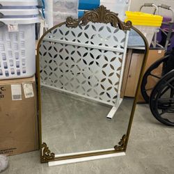24 in. W x 38 in. H Arched Bronze Metal Framed with Carved Decoration Wall Mirror Vanity Mirror