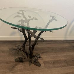 Brass & Glass Tree & Bird Sculptural End Table