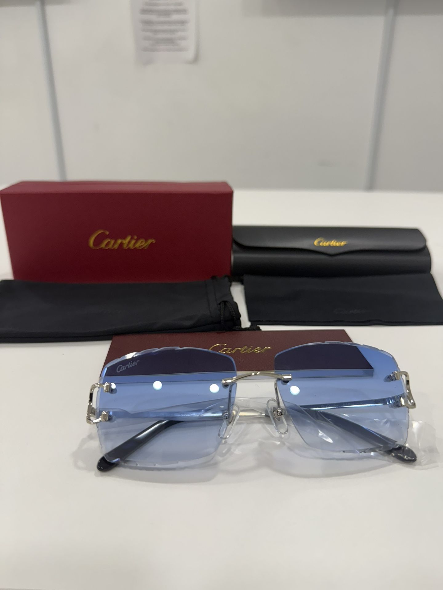 Cartier Glasses (Diamond Cut), Blue Lense, Silver Frame