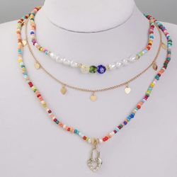Color Block Beaded Heart Charm Necklace Set Girls Jewelry Shipping Free For All Orders Over $25 