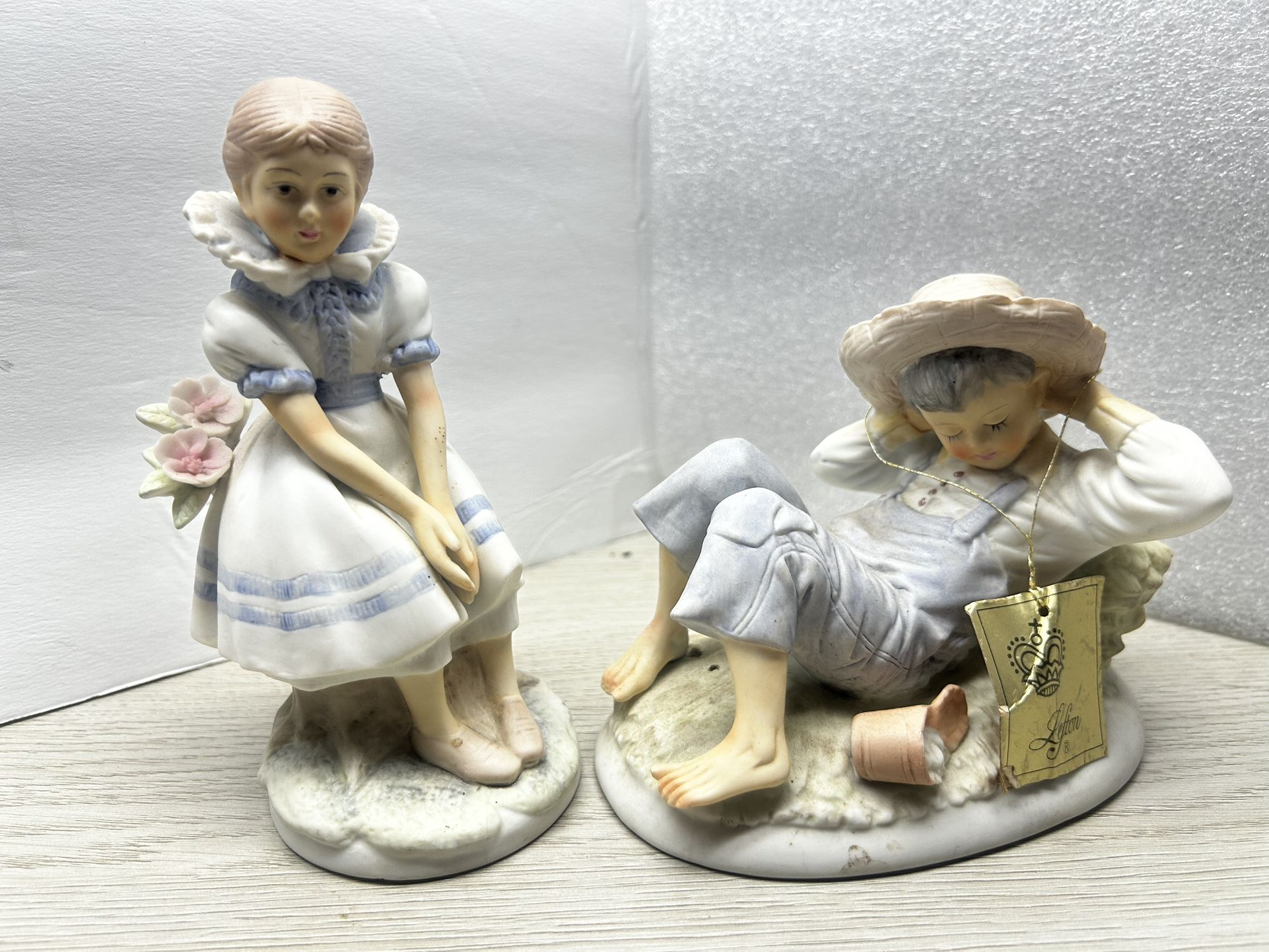 Lefton China Set- Hand painted Boy In Jeans And Girl Sitting With Flowers - Reduced Again 