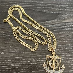 14k Gold Cuban Chain And Anchor Charm 