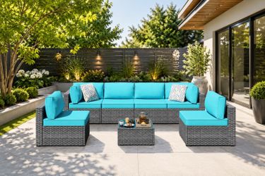 New 7 pcs Outdoor Patio Sectional Furniture Outdoor Wicker Sofa, Patio Furniture Sets for Backyard (Blue)  New in box  DSTB7-H1, DSA-H1, DSA-H1 *  * M
