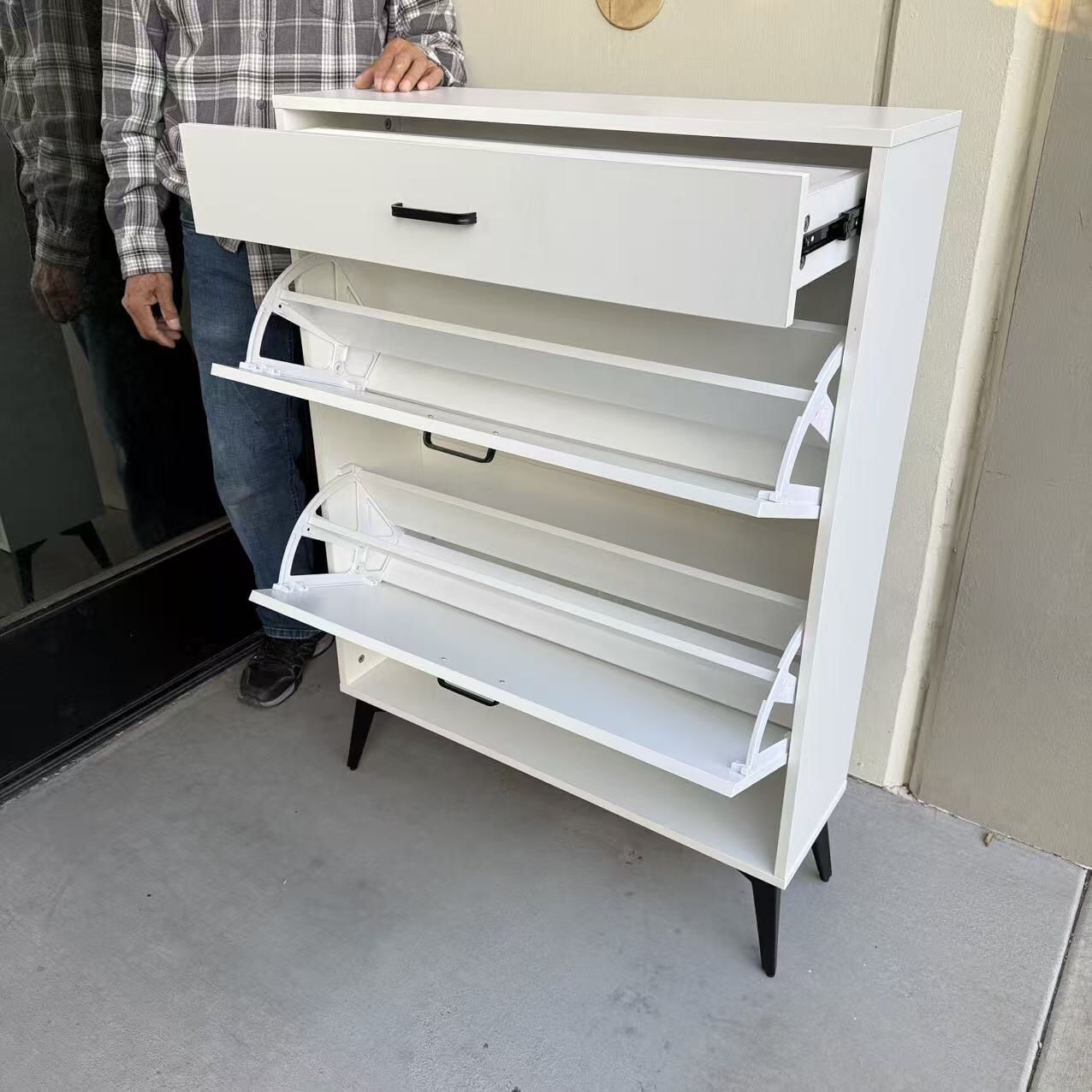 New In Box 32x10x44 Inch Tall Heavy Duty Material Shoe Storage Shelf White Cabinet With Double Fold Down Drawer Organizer