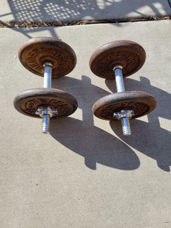 Vintage WEIDER BARBELL 10 Lb Dumbell Cast Iron 4 WEIGHT PLATES