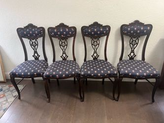4x Vintage Wood Dining Chairs with Upholstered Floral Pattern Seats - Set of 4