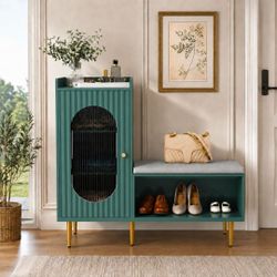 Green storage cabinet w bench
