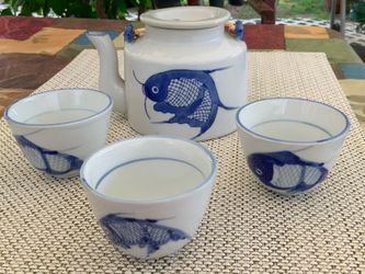 5 Pc Vintage Koi Design Porcelain Teapot Set W Wicker Handle