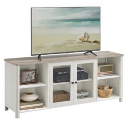 TV Stand for TVs up to 65 Inches,TV Cabinet with Open Shelves,Closed Cabinet,Glass Doors,Rustic White and Heather Greige