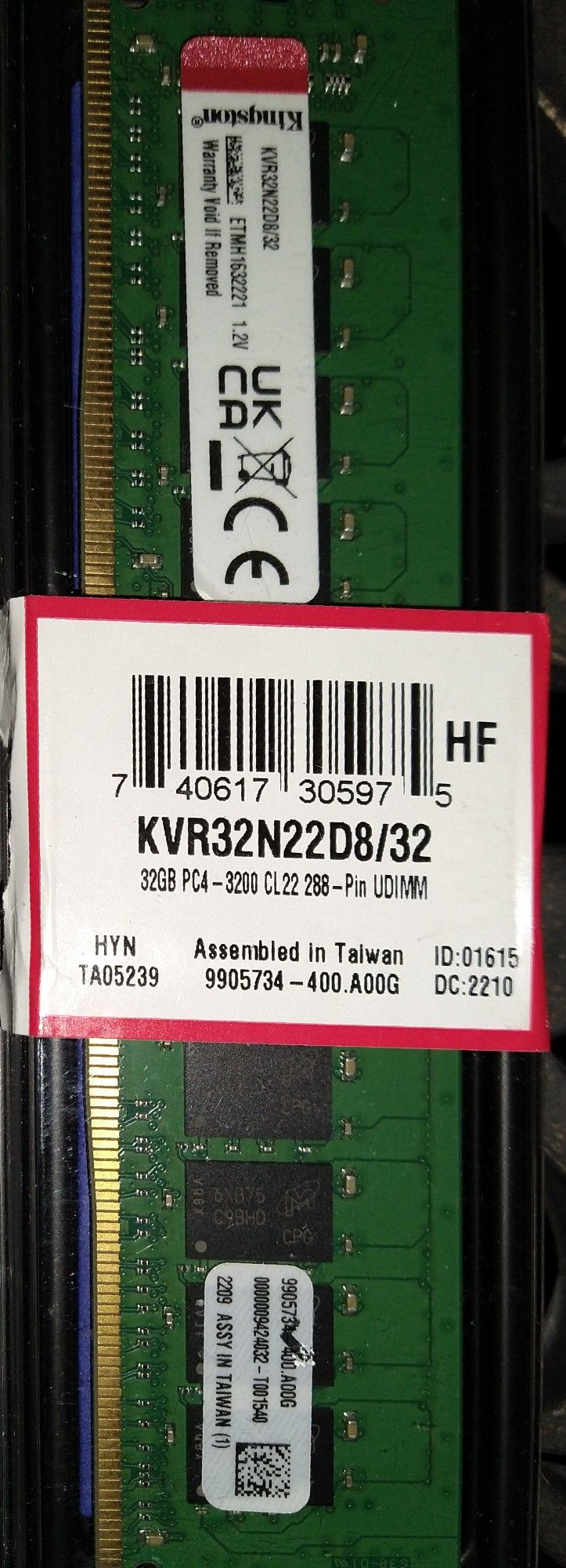 Kingston Memory KVR32N22D8/32 32GB 3200MHz DDR4 non-ECC CL22 DIMM 2Rx8