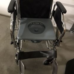Wheelchair/elderly stroller with plastic bucket toilet. Foldable.
