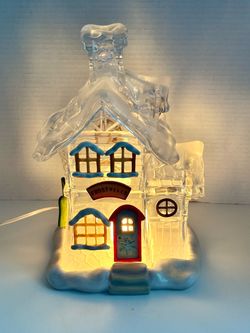 Vintage 2003 Roman Inc. “Frostyville Shop #49684” Lighted Clear Acrylic Christmas Tabletop Decoration