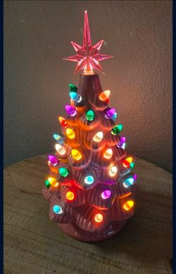 15in Hand Painted Ceramic Christmas Tree PreLit Tree with Star - Pink